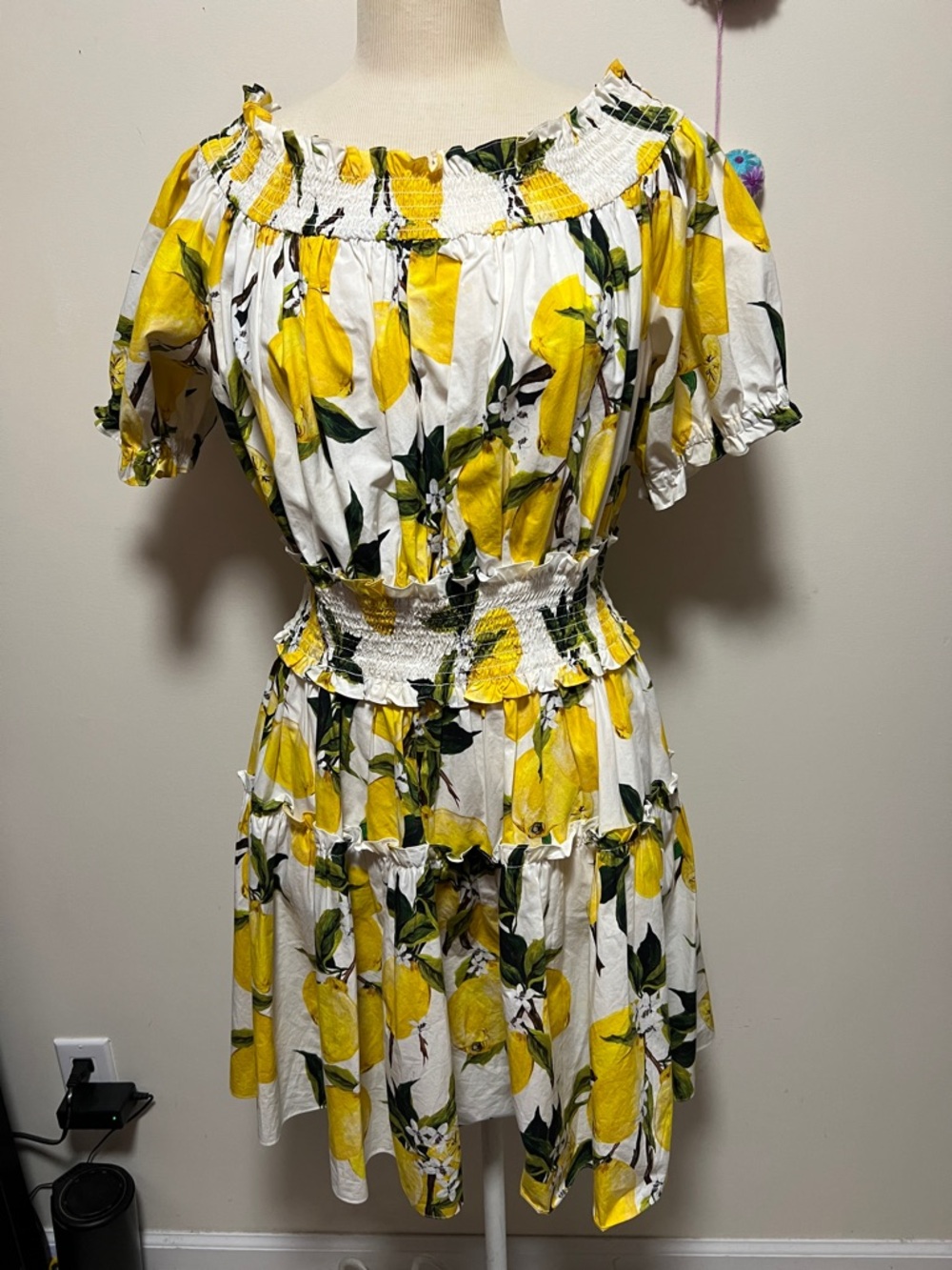 Dolce & Gabbana White Lemon-Print Off-Shoulder Mini Dress